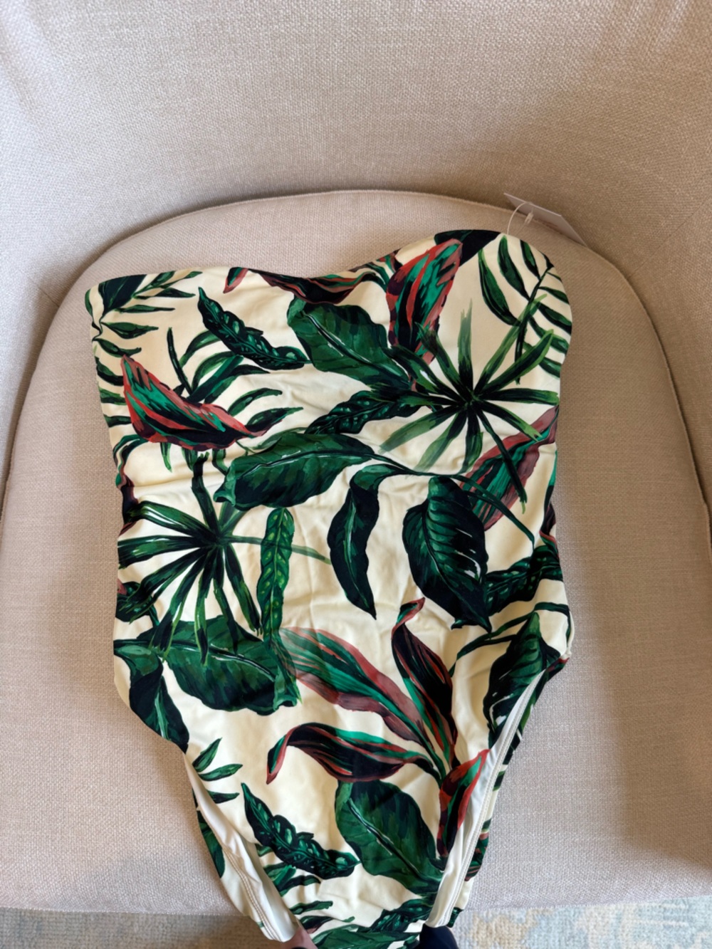 Andie Tropical Leaf Print One-Piece Swimsuit in Cream, Green and Pink